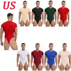 Mens Short Sleeve Bodysuits Athletic High Waist Jumpsuit Stretchy Button Bodycon