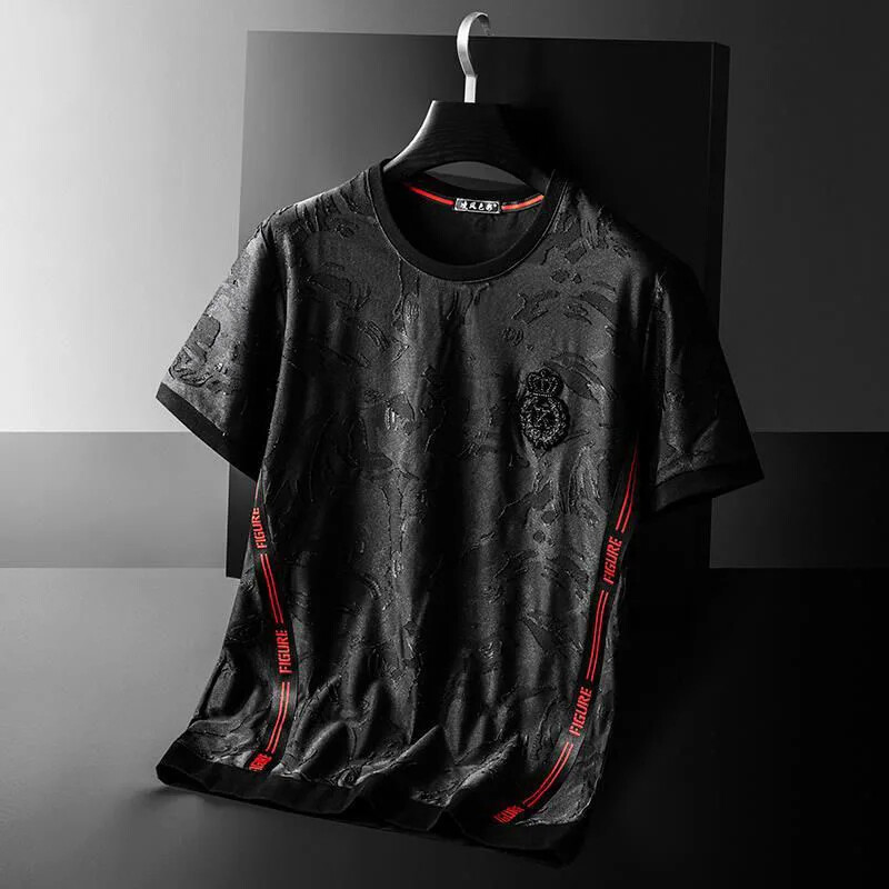 Fashion Camouflage Trend Embroidery Summer Short Sleeve Luxury Men Black T-Shirt