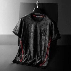 Fashion Camouflage Trend Embroidery Summer Short Sleeve Luxury Men Black T-Shirt