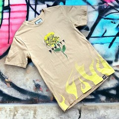 Denim City T-Shirt Mens Embroidered Yellow Rose Flame Accents Streetwear Size M