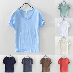 Men Pure Color Cotton Short Sleeve T-shirts V-neck Sports Casual Tops Summer
