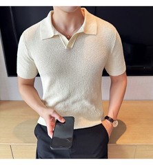 Summer New Men’s Short Sleeve Knit Shirt V-Neck Collar Slimming Casual Shirt Top