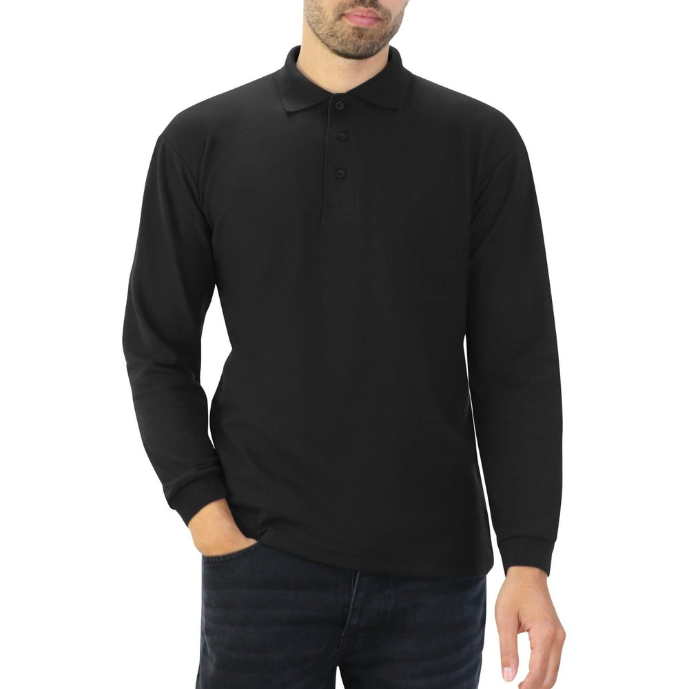 Mens Long Sleeve Polo Polycotton Plain Rib Collar Polos Shirt Casual Regular Top