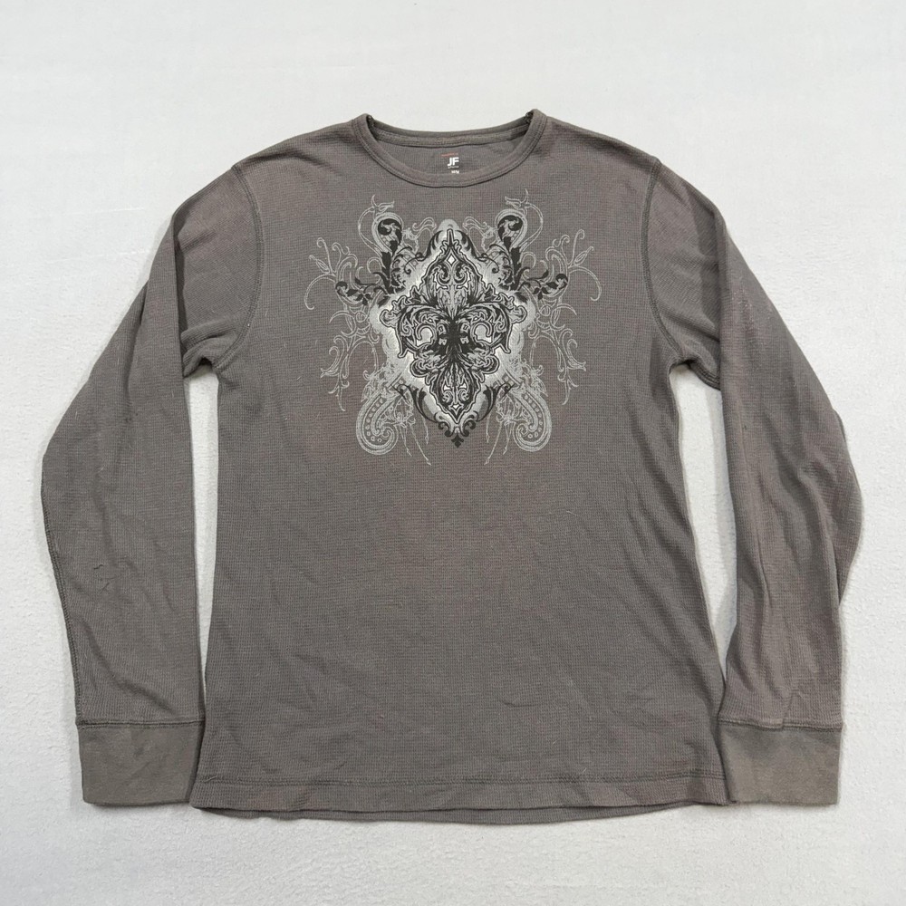 J. Ferrar Shirt Mens Medium Gray Long Sleeve Thermal Waffle Fleur De Lis Graphic