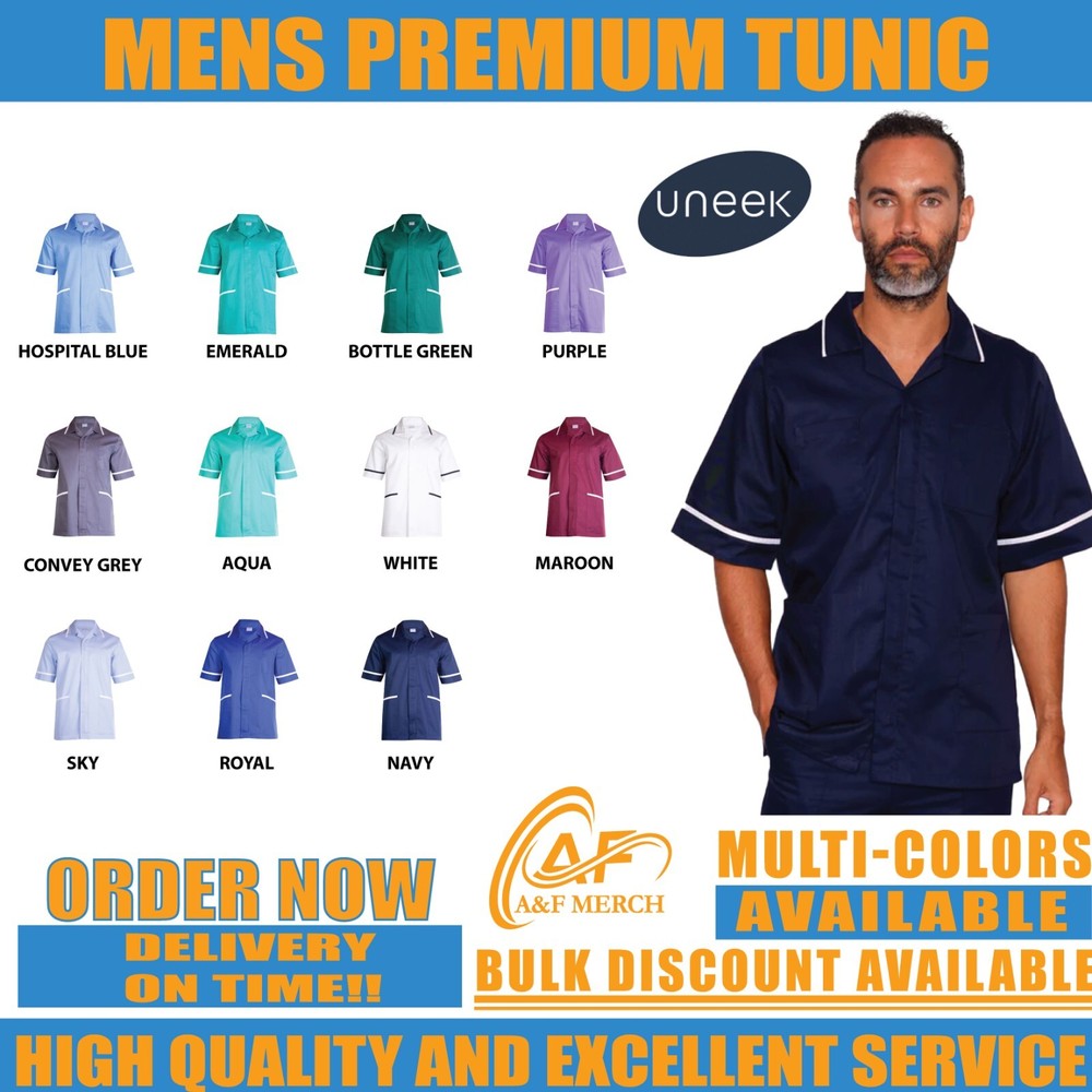 Mens Premium Tunic Uneek Healthcare Hospital Nurse Salon Spa Barbers Plain UC924