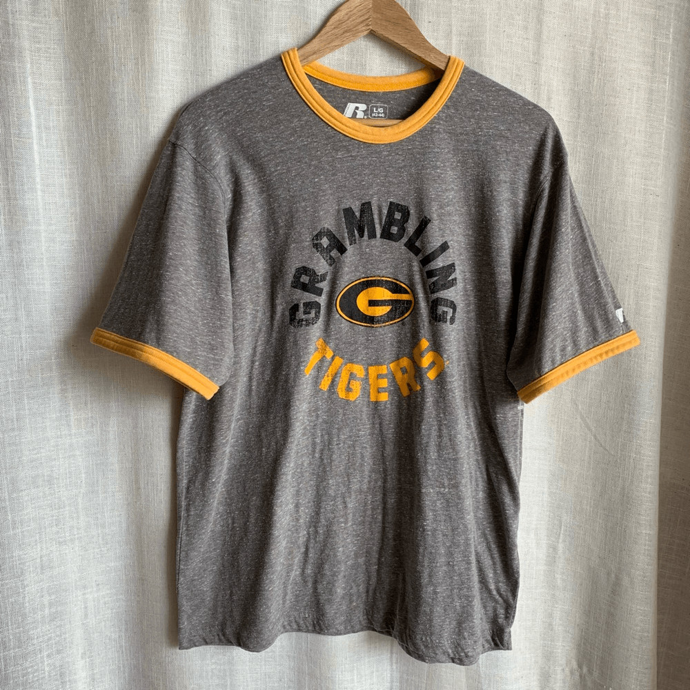 Russell Athletic Grambling Tigers Mens Graphic Ringer T Shirt Size L Gray Yellow