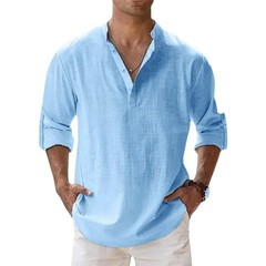 MENS LINEN COTTON HENLEY LONG SLEEVE BREATHABLE CASUAL BEACHWEAR SHIRT