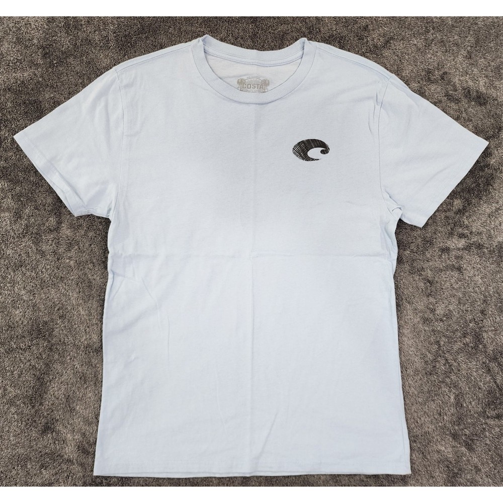 Mens Costa Del Mar T-Shirt, Logo on Chest & Graphic Back Design Baby Blue Mens M