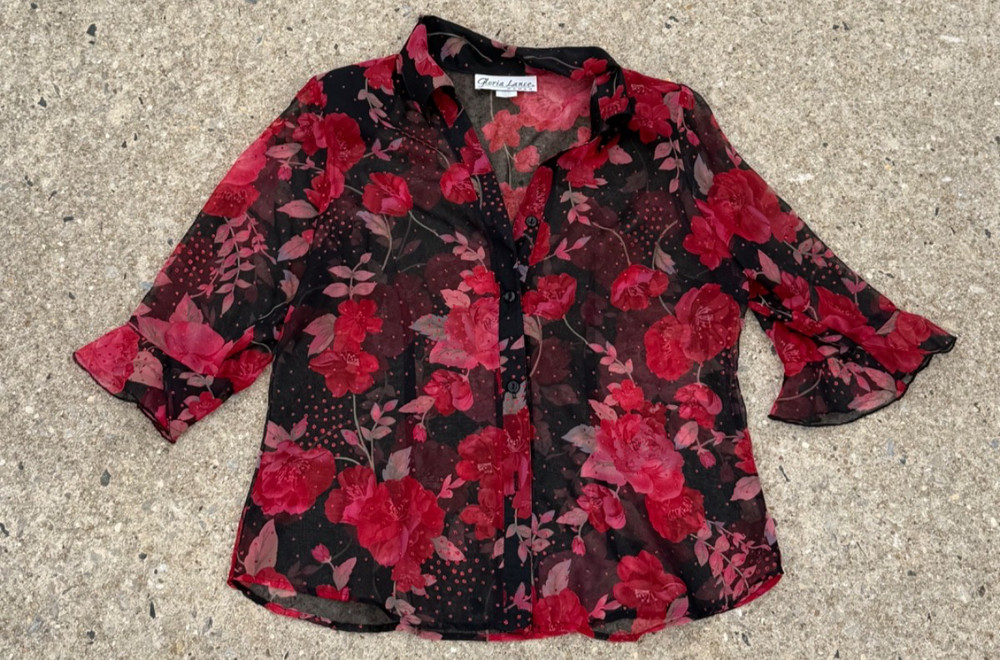 Y2K Gloria Lance Woman Sheer Floral Blouse 1X Red Black Made USA