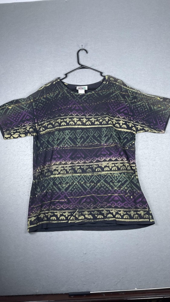 East Beach Club Shirt Mens Large Black Purple Elephant Tribal All Over Print