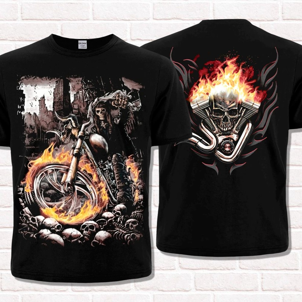 Biker style T-Shirt. Skeleton on a Burning Motorcycle.