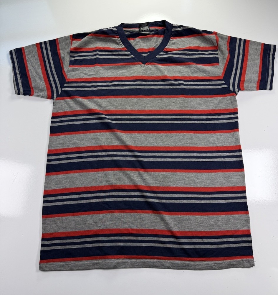 Pure Vintage 80s Striped V Neck T Shirt Mens Medium Gray Blue Red Retro skater