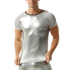Men Elastic Oil Shiny Faux Leather Tops Fitness Short Sleeve T-shirts Stage Tees