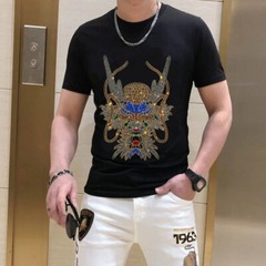 New Men Luxury Rhinestones Fashion Diamonds Black White T-Shirt High Quality