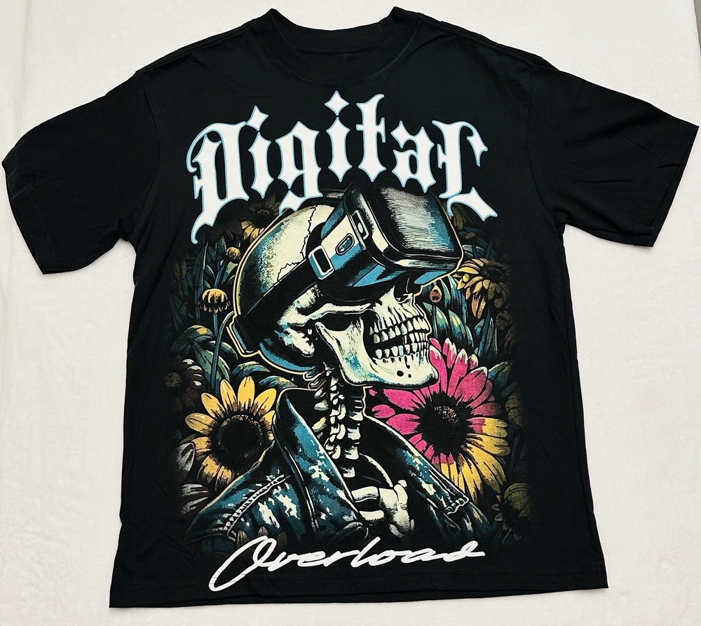 RGSTR Digital Overload Skeleton Flower Big Graphic Print Mens Medium Shirt NWOT
