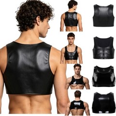 US Mens PU Leather Crop Tank Low Neck Sleeveless Matte Crop Top Club Vest Party