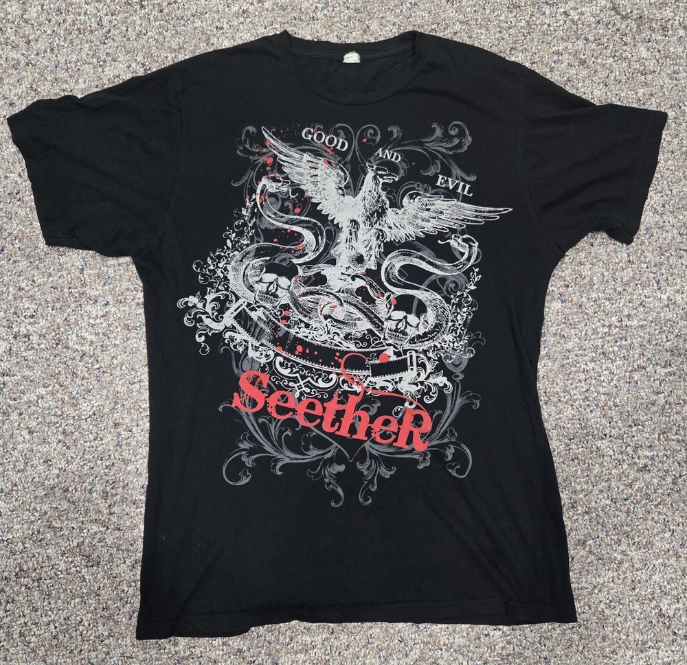 Seether Men’s Black Rock Graphic Print Vintage Crew Neck T-Shirt Size Large L