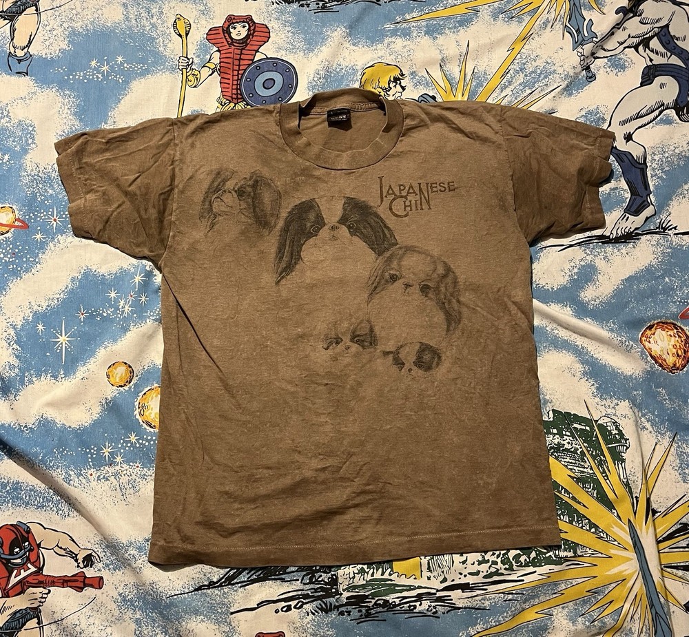 Vintage 90s Japanese Chin Graphic T-Shirt Dog Dogs Brown Poly Blend 50/50 L VTG