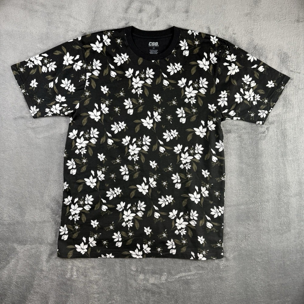 CSG Black Floral Print T Shirt Mens Large Cotton Short Sleeve Graphic Tee
