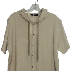 Lingt Chic Hooded Button Up Shirt Small Beige New Short Sleeves Lightweight