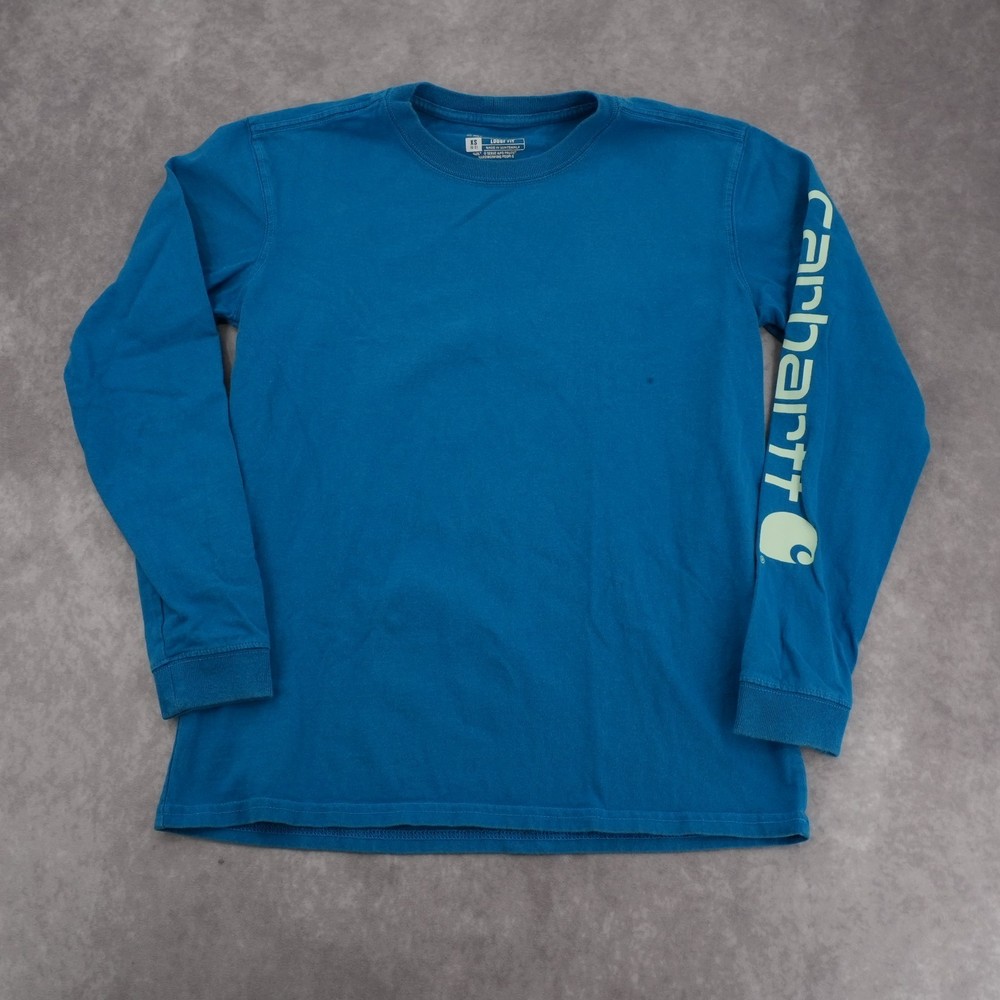 Carhartt Loose Fit Heavyweight Long Sleeve Logo Graphic Tee Atomic Blue Size XS