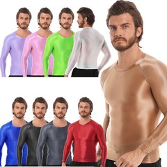 US Men’s Shiny Oil T-Shirt Long Sleeve Round Neck Shirt Fitness Bodybuilding Top