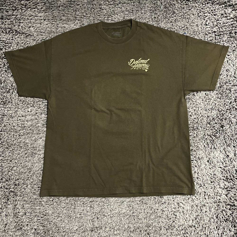 Defend Hawaii Shirt Adult 2XL XXL Army Green Short Sleeve Hawaiian Helmet Casual