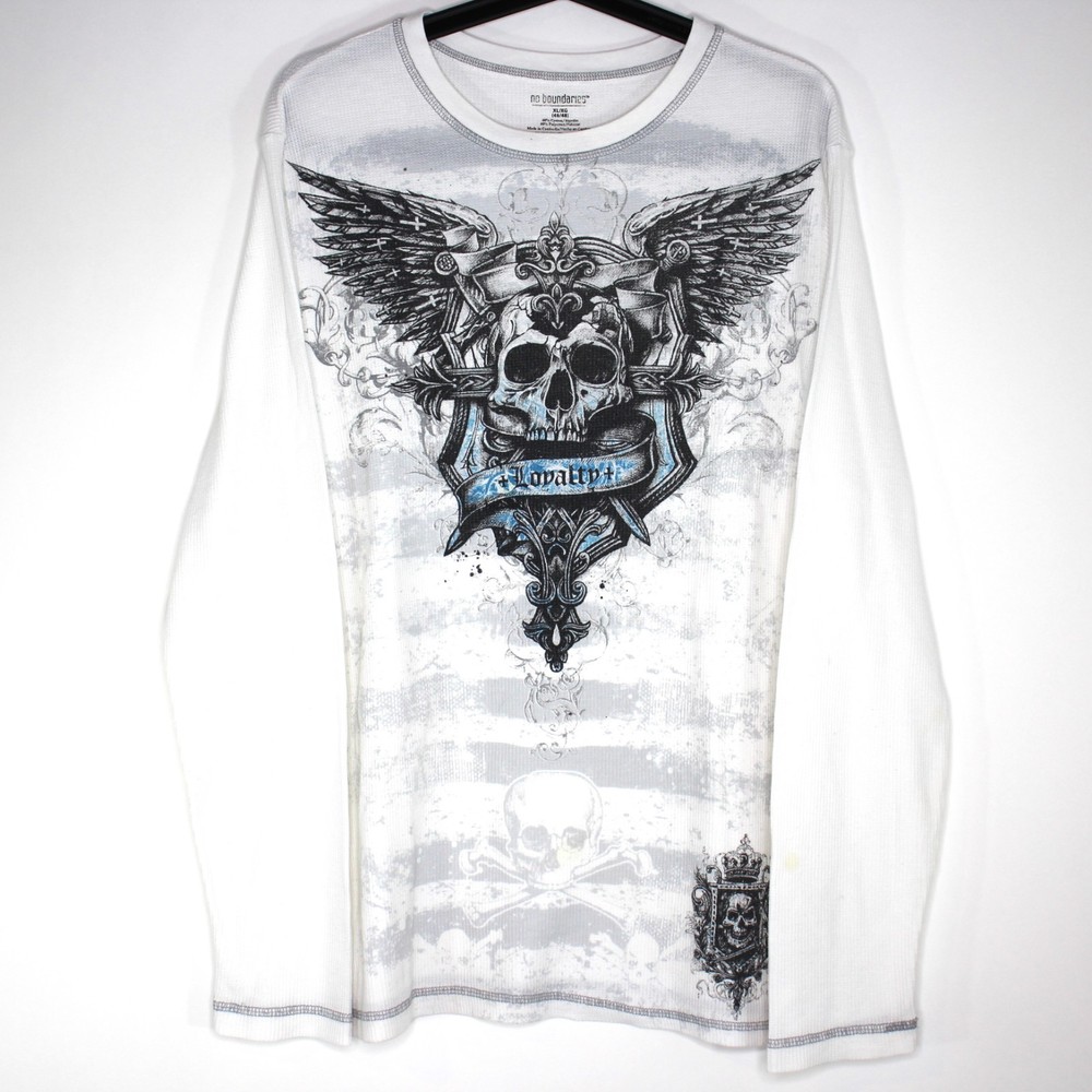 No Boundaries Mens XL Y2K Skull Skate Punk Grunge Waffle Thermal T-Shirt N1460