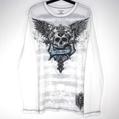 No Boundaries Mens XL Y2K Skull Skate Punk Grunge Waffle Thermal T-Shirt N1460