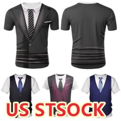 US Freebily Men’s Fake Suit Vest Tie Printed T-Shirt Casual Shirt Tuxedo Top