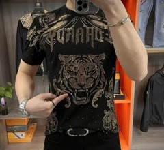 New Men Luxury Diamond Tiger Rhinestones Fashion Black T-Shirt High Quality