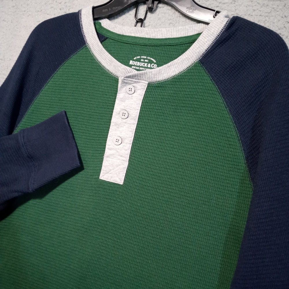 Roebuck Co Shirt Mens Waffle Knit Henley Large Tall Green Color Block Thermal