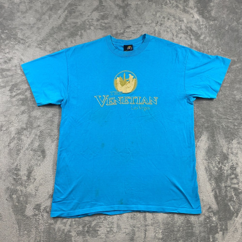 Vintage 90s The Venetian Las Vegas T Shirt Mens L Blue Made in USA Single Stitch