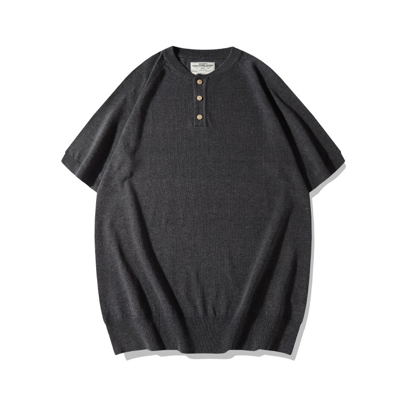 Knitted Henry Collar T-Shirt Men Summer Fashionable Short-Sleeved Top