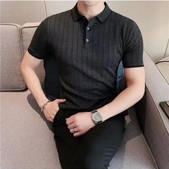 Plain Striped Black Male Polo Shirts Skinny Short Quarter Sleeve Casual Party Ch