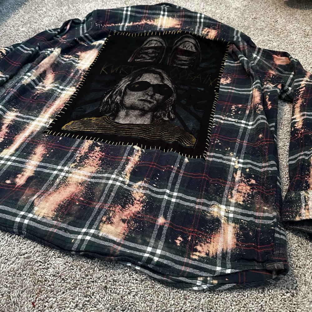 Custom Bleached Flannel Kurt Cobain Nirvana Patch Shirt Grunge Distressed XL