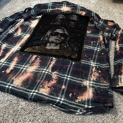 Custom Bleached Flannel Kurt Cobain Nirvana Patch Shirt Grunge Distressed XL