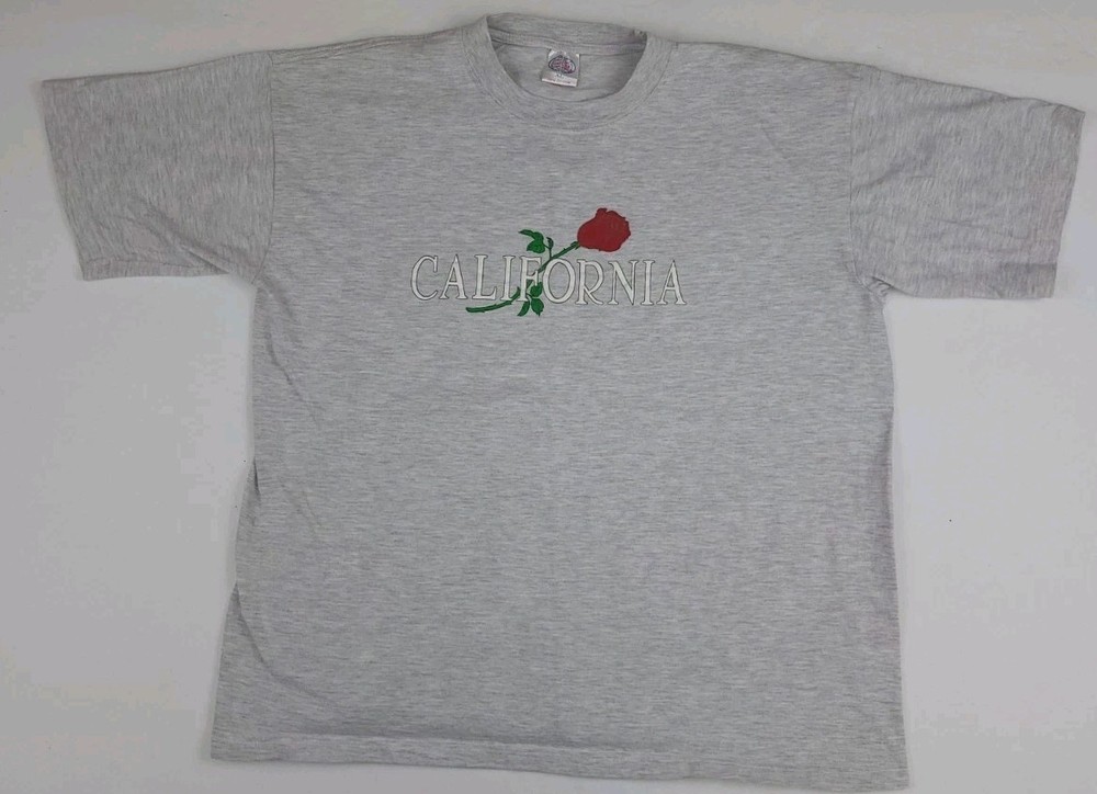 Vintage 90s California Rose Flower Print T Shirt 100% Cotton Grey Multicolor USA