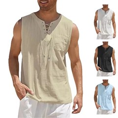 Men Cotton Linen Sleeveless Tank Top Retro V Neck Lace Up Casual Shirt UV Gift