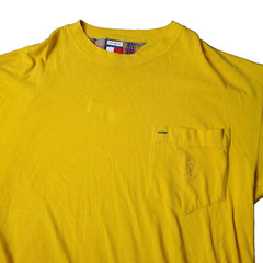 VINTAGE 90s Tommy Hilfiger T Shirt Mens L Large Short Sleeve Lined Yellow Pocket
