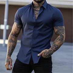 High quality men’s fitness short-sleeved shirt, business casual solid color stre