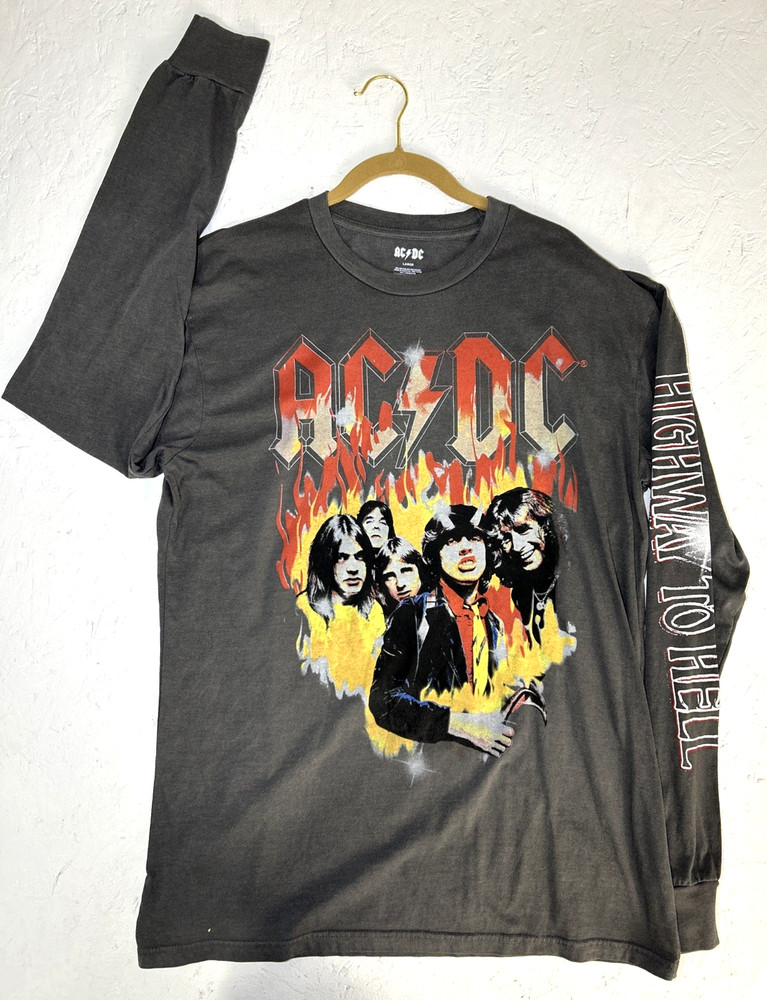 AC/DC Graphic Long Sleeve Band Tee Rock Music Flame Design Pigment Wash Gray L