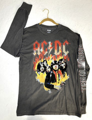 AC/DC Graphic Long Sleeve Band Tee Rock Music Flame Design Pigment Wash Gray L