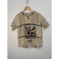 Vintage Hakuna Matata Elephant Graphic Tunic Top Tan Plaid FringeBoho Mens Small