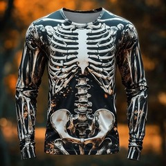 2025 Halloween Skeleton Print Long Sleeve T-Shirt Men Gothic Casual Top NEW!