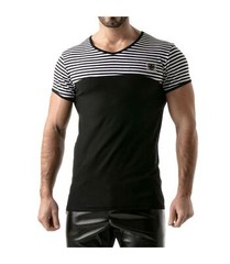 ”TOF PARIS” T-Shirt Half-Striped Cotton Jersay Casual Modern Style Black 22