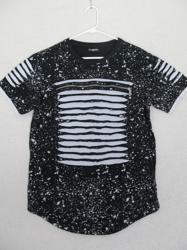 CARBON Mens Large Black Tee – Zipper Chest, Slit Sleeves, Paint Splatter Urban