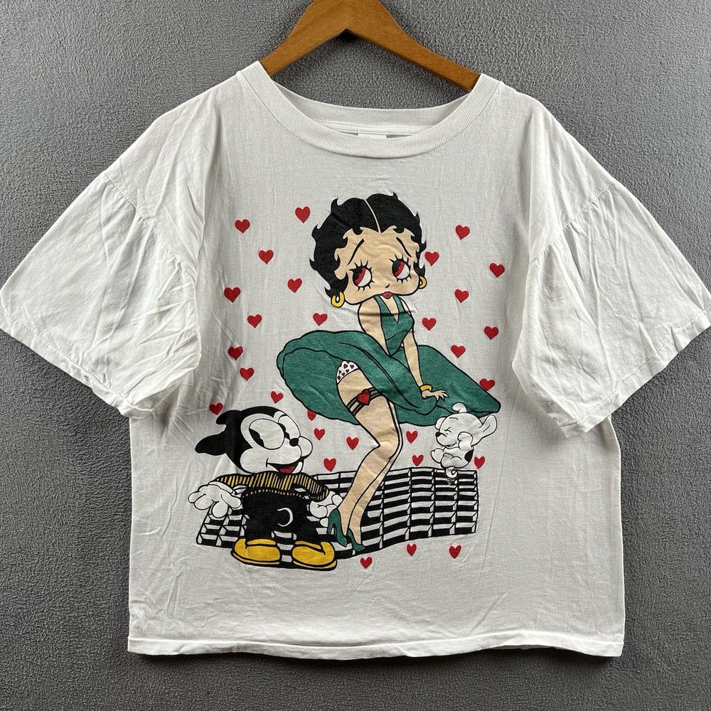 Vintage Betty Boop Shirt Mens XL White Single Stitch 90s Boxy Fit AOP Hearts