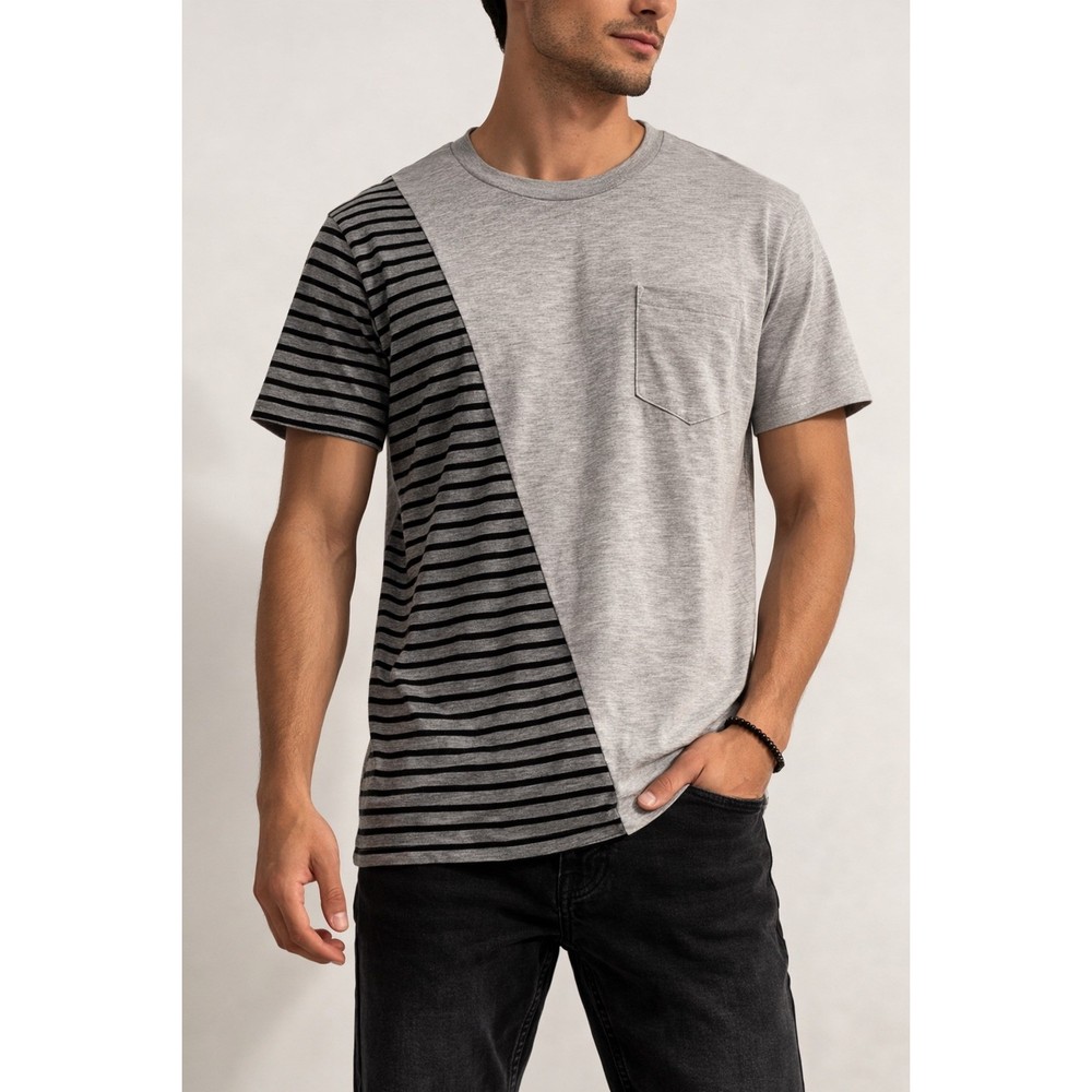 BLANKNYC Mens Asymmetric Diagonal Split Colorblock Striped Pocket Tee M NWT