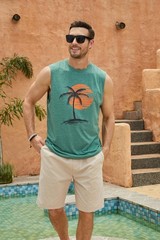 Mens Hawaiian Beach Tank Tops Palm Tree Print Sleeveless Muscle T-Shirts Casual